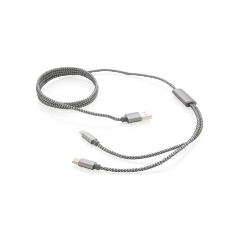 Luxury braided 3 in 1 cable with type C and double-sided connector for iOS and Android devices that require micro USB. Braided nylon material cable with connectors made out of durable aluminium. Suitable for charging. Length 120cm.