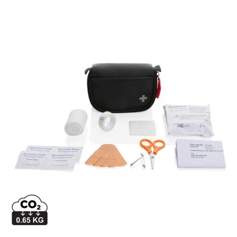 Luxury first aid kit, featuring a water-repellent nubuck-PU material that is both stylish and practical. The material is easy to clean and repels water, making it perfect for use while on the go. Contents: 1pc triangle bandage, 1pc PBT bandage, 4pcs alcohol pad, 1pc swab, 5pcs plasters, 1pc scissor, 2pc pin, 1 pc tape; All content according to Medical Device Directives: 93/42/EEC and EU (2017/745), EN ISO 13485:2016; All content (except for pins and scissor) packed in paper bag marked with all mandatory markings needed for EU legislation, like “Expiration date, CE, LOT number. Total recycled content: 32% based on total item weight. RCS certification ensures a completely certified supply chain of the recycled materials