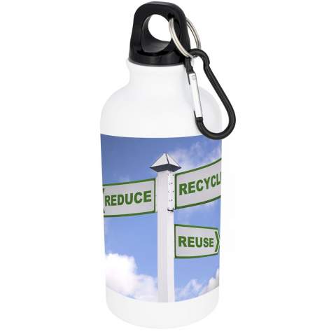 Single walled bottle with twist on lid. The bottle has a special coating for sublimation. Carabiner is not suitable for climbing. Volume capacity is 400 ml.