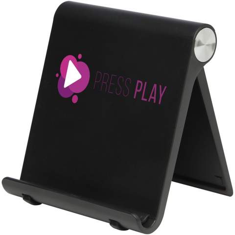 Phone and tablet stand compatible with all major phones and tablets that are less than 12mm thick, including iPhone, iPad, Samsung Galaxy / Tab, Google Nexus, HTC, LG, Nokia Lumia, and OnePlus. The stand is easily adjustable for multiple viewing angles. Large print area on the front panel.
