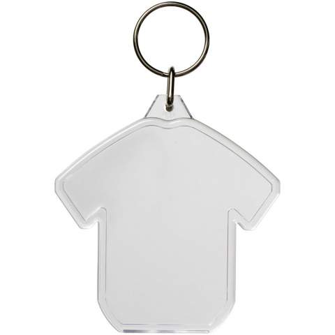 Clear t-shirt shaped keychain with metal split keyring. The metal looped ring offers a flat profile which is ideal for mailings. Print insert dimensions: 6,0 cm x 3,8 cm.