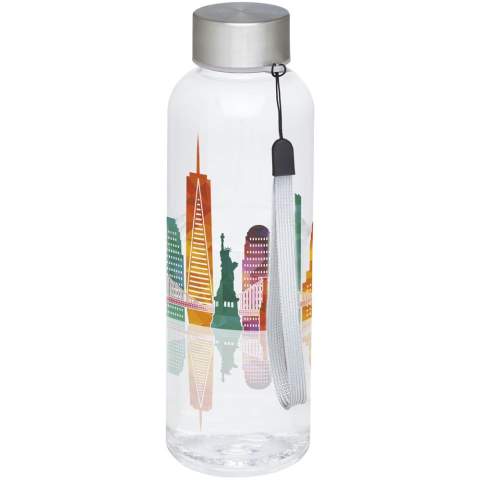 Single-walled water bottle in durable material with screw-on lid. Shatter, stain, and odour resistant. Lid features a strap for easy carrying. BPA free. Volume capacity is 500 ml. 