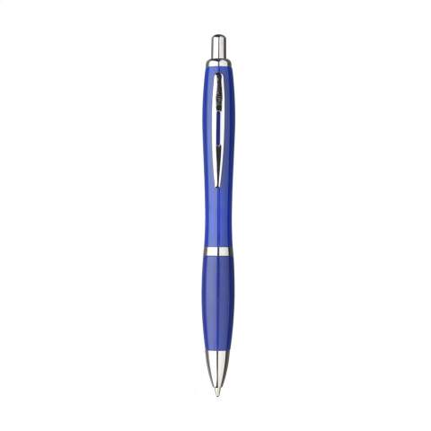 Ballpoint pen with push button, cutout metal clip, silver accents and blue ink refill.
