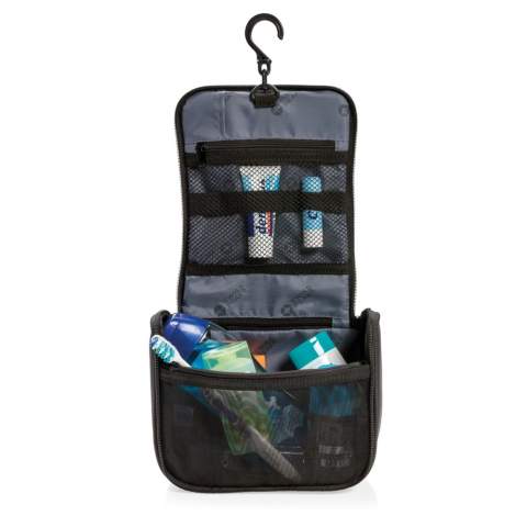 1680D polyester toiletry bag with one main compartment and 4 subcompartments + 2 mesh open pocket 1 mesh zipper pocket inside. Including hook to hang your toilet bag in convenient places.<br /><br />PVC free: true