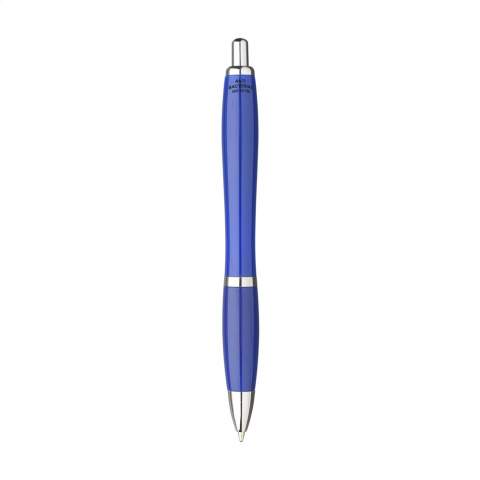 Ballpoint pen with push button, cutout metal clip, silver accents and blue ink refill.