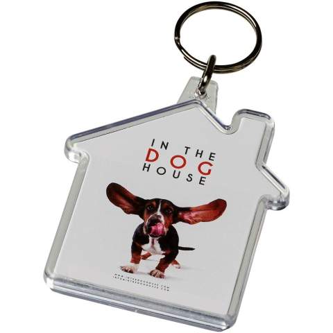 Clear house-shaped keychain with metal split keyring. The metal looped ring offers a flat profile which is ideal for mailings. Print insert dimensions: 5,9 cm x 5,6 cm.