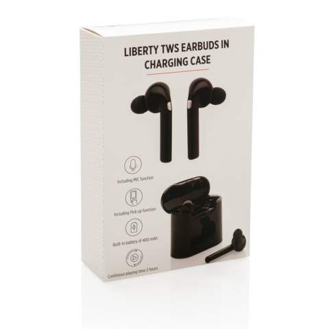 Ultimate freedom with these true wireless earbuds in charging case. The earbuds have a 35 mAh battery and can be re-charged in the 400 mAh charging case within 1 hour. Easy to pair with your mobile device to listen to your favorite music. Play time on medium volume about 2 hours. With BT 5.0 for optimal connection. Operating distance up to 10 metres. with mic. Including 3 size eartips. ABS material.<br /><br />HasBluetooth: True