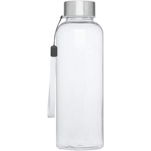Single-walled water bottle in durable material with screw-on lid. Shatter, stain, and odour resistant. Lid features a strap for easy carrying. BPA free. Volume capacity is 500 ml. 