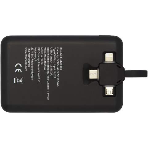 Wireless power bank with 3-in-1 universal cable and a 5000 mAh Grade-A Lithium Polymer battery, wireless charging transmitter, and a 3-in-1 integrated cable. Devices can be charged through wireless charging, or with the integrated 3-in-1 cable. The 3 in-1 cable is compatible with both Apple® iOS and Android devices. No accessory cable provided for sustainability purposes. Comes with an Avenue gift box. 