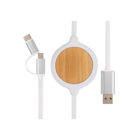 Unique bamboo design 3-in-1 charging cable with integrated 5W wireless charger. The 100 cm cable is made from PVC free TPE material.  With type C and double-sided connector for IOS and Android devices that require micro usb. With integrated 5W wireless charger to charge your device by simply placing it on the charging surface. Input: 5V/2A. 9V/2A. Wireless output: 5V1A, 9V/1.1A. Cable output max 5V/1A.<br /><br />WirelessCharging: true
