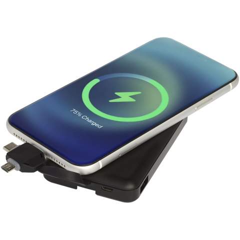 Wireless power bank with 3-in-1 universal cable and a 5000 mAh Grade-A Lithium Polymer battery, wireless charging transmitter, and a 3-in-1 integrated cable. Devices can be charged through wireless charging, or with the integrated 3-in-1 cable. The 3 in-1 cable is compatible with both Apple® iOS and Android devices. No accessory cable provided for sustainability purposes. Comes with an Avenue gift box. 