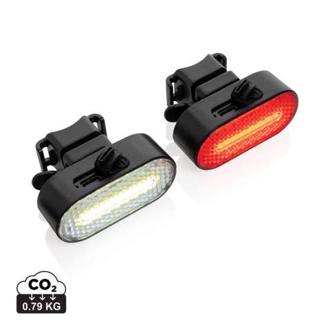 USB re-chargeable set of front and back bike lights made with RCS recycled ABS.  The 1W light supports up to 2.5 hour of usage on one single charge . When depleted it can easily be re charged via type C input within 1 hour. With 400 mAh battery. The bike light has 5 light modes (Strong, medium, slow flashing, fast flashing and pulsing) With 60 lumen light for optimal visibility. Packed in a plastic-free FSC mix box. Total recycled content: 43% based on total item weight. RCS certification ensures a completely certified supply chain of the recycled materials. PVC free. Including recycled TPE type C charging cable. IPX 4 waterproof.<br /><br />Lightsource: COB LED<br />LightsourceQty: 9<br />PVC free: true