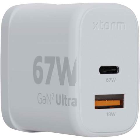 The 67W GaN² Ultra wall charger with UK plug is designed to be more compact and powerful than ever before. With its compact design and dual-port functionality, this wall charger is perfect for your travels, office, or home. To reduce waste and contribute to a more sustainable future, the charger is made from 97% recycled plastic. Output: 1 USB-C 67W power delivery, and 1 USB-A 18W quick charge. Delivered with a user manual.