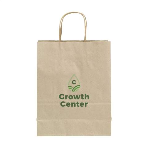 WoW! Sac cadeau en papier robuste (taille S) fabriqué à partir de papier en fibres d'herbe recyclées (90 g/m²). En raison de l'utilisation de matériaux naturels, des irrégularités dans le papier peuvent être vues et/ou ressenties. Cela donne au produit un bel aspect naturel. Le sac est doté de deux poignées de transport courtes en papier, d'un fond plié et d'un pli latéral. Aucun arbre n'a été abattu pour la production de ce sac.