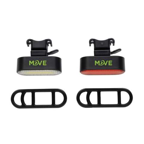 USB re-chargeable set of front and back bike lights made with RCS recycled ABS.  The 1W light supports up to 2.5 hour of usage on one single charge . When depleted it can easily be re charged via type C input within 1 hour. With 400 mAh battery. The bike light has 5 light modes (Strong, medium, slow flashing, fast flashing and pulsing) With 60 lumen light for optimal visibility. Packed in a plastic-free FSC mix box. Total recycled content: 43% based on total item weight. RCS certification ensures a completely certified supply chain of the recycled materials. PVC free. Including recycled TPE type C charging cable. IPX 4 waterproof.<br /><br />Lightsource: COB LED<br />LightsourceQty: 9<br />PVC free: true