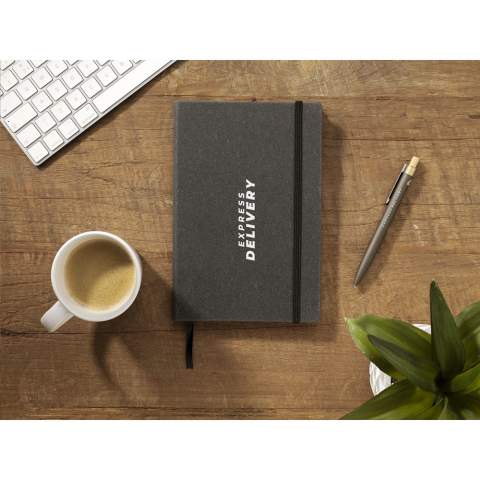 WoW! A5 notebook with a hard cover, made from recycled leather waste. This notebook has approx. 96 sheets/192 pages of cream-coloured, lined, FSC®MIX-certified paper (80 g/m²). With tie back, handy closing elastic and silk ribbon. Each item is supplied in an individual brown cardboard box.