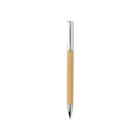 Sanftes Schreiben garantiert. Dieser Drehkugelschreiber aus Bambus und ABS mit einem matten Metall-Finish an der Kappe hat eine 1200m blaue schreibende Dokumental® Mine.