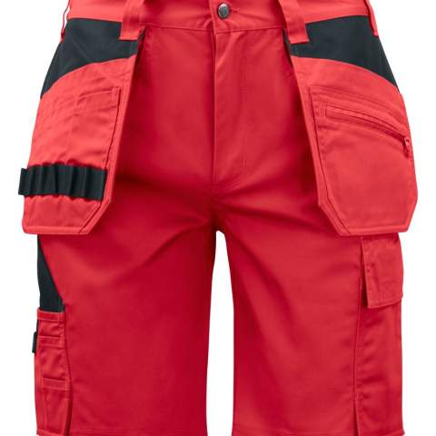 • short in easycare materiaal van polyester/katoen dat zorgt voor een goed behoud van vorm en kleur<br />• twee spijkerzakken met extra compartiment en extra zakje met ritssluiting<br />• twee achterzakken met klep en velcrosluiting<br />• duimstokzak met mesknoop<br />• versteviging aan de holsterzakken en duimstokzak