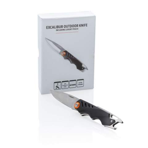 Couteau ultra robuste en aluminium à 4 fonctions. Les outils en acier inoxydable sont: clip de ceinture, lame pliable, verrouillage de la lame et décapsuleur. Emballé dans une boîte cadeau et avec une pochette 1680D.