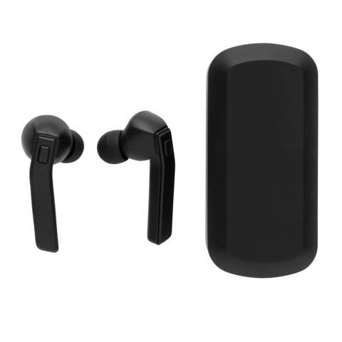 Let the music flow with these true wireless earbuds in charging case. The earbuds have a 35 mAh battery and can be re-charged in the 500 mAh charging case within 1 hour. With auto pairing function so easy to pair to your mobile device. Playing time on medium volume about 3 hours. With BT 5.0 for optimal connection. Operating distance up to 10 metres. With pick up and mic. Including 3 size silicone ear tips. ABS material casing.<br /><br />HasBluetooth: True<br />PVC free: true