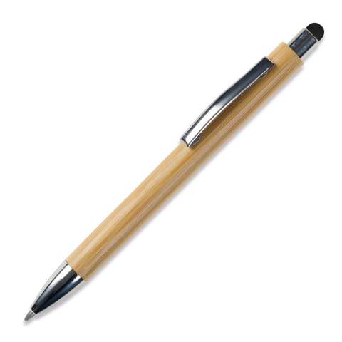 Stylo à bille en bambou avec poussoir et pointe métallisés. Le clip est en métal. Le stylet contient un stylet de couleur à utiliser pour un écran tactile. Avec recharge Jumbo en plastique bleu écriture.