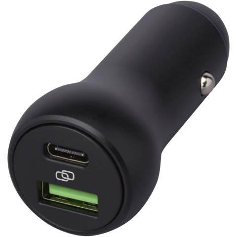 Car charger made of aluminium with USB-C and USB-A output, both supporting quick charge. The output of USB-C is up to 55W, and for USB-A it's up to 22W. Compatible with most mobile phones. If you're tired of the traditional 5V/1A charging speed, this is a must-have gadget for your car! Delivered in a premium kraft paper box with a colourful sticker.