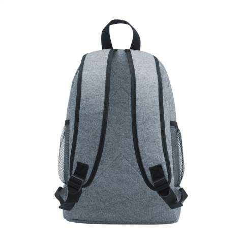 WoW! Tough, practical backpack made from sturdy RPET felt (made from recycled PET bottles). Features include generous main compartment and practical mesh side pockets as well as adjustable and padded shoulder straps. The bag has a padded rear for more comfort and a handy carrying loop. Capacity approx. 22 litres.