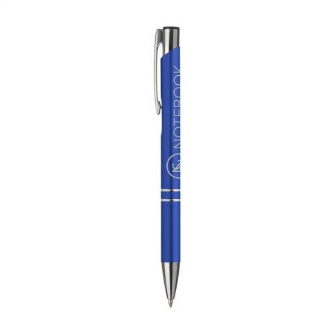 Blue or black ink, aluminium ballpoint pen with satin matte finish and metal clip/push button.