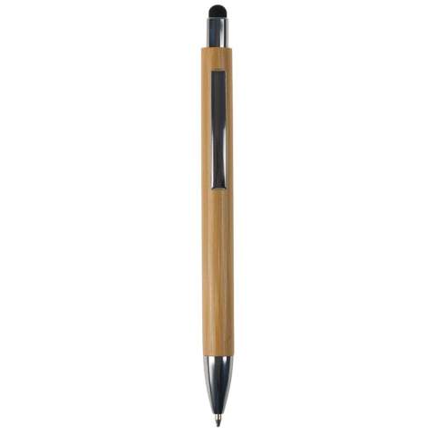 Stylo à bille en bambou avec poussoir et pointe métallisés. Le clip est en métal. Le stylet contient un stylet de couleur à utiliser pour un écran tactile. Avec recharge Jumbo en plastique bleu écriture.
