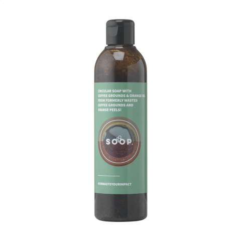 WoW! Bouteille de savon liquide naturel. Avec du marc de café recyclé ou des pelures d'orange comme ingrédients. Caractéristiques : l'agréable parfum naturel, le gommage naturel, le pouvoir nettoyant et la couleur du café ou des agrumes. Végétalien et exempt d'expérimentation animale. Fabriqué en Hollande. Contenu 250 ml. Optionnel : Chaque article peut être fourni dans une boite individuelle en papier kraft marron.