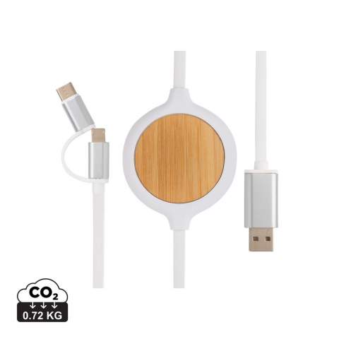Unique bamboo design 3-in-1 charging cable with integrated 5W wireless charger. The 100 cm cable is made from PVC free TPE material.  With type C and double-sided connector for IOS and Android devices that require micro usb. With integrated 5W wireless charger to charge your device by simply placing it on the charging surface. Input: 5V/2A. 9V/2A. Wireless output: 5V1A, 9V/1.1A. Cable output max 5V/1A.<br /><br />WirelessCharging: true