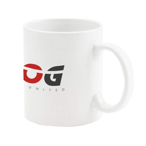 High quality ceramic mug. In all white or with a coloured exterior. Dishwasher safe. The imprint is dishwasher tested and certified: EN 12875-2. Capacity 350 ml.