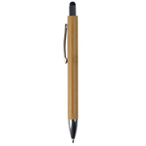 Stylo à bille en bambou avec poussoir et pointe métallisés. Le clip est en métal. Le stylet contient un stylet de couleur à utiliser pour un écran tactile. Avec recharge Jumbo en plastique bleu écriture.