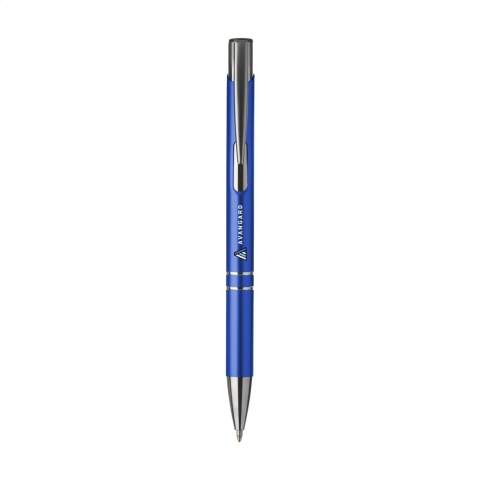 Blue or black ink, aluminium ballpoint pen with satin matte finish and metal clip/push button.