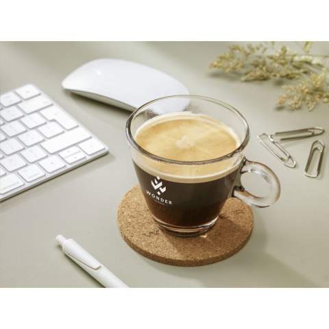 WoW! Set of 4 cork coasters (Ø 10 cm) supplied in a handy cotton pouch. This set is packaged in a recyclable kraft paper wrapper.