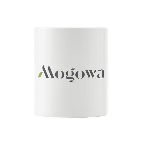 High quality ceramic mug. In all white or with a coloured exterior. Dishwasher safe. The imprint is dishwasher tested and certified: EN 12875-2. Capacity 350 ml.