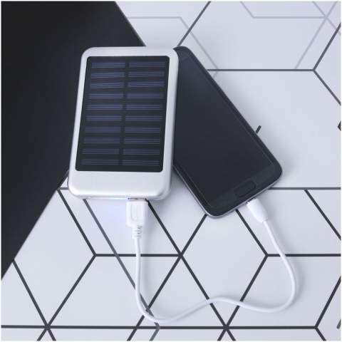 Bask 4000 mAh solar power bank. The Bask Solar Power Bank is ideal for any camping trip or day at the beach. It includes a 4,000 mAh Lithium Polymer battery with 5V/2A output. The power bank can be charged by the sun or the included USB to Micro USB connecting cable that can also be used to charge devices with a Micro USB input. ABS Plastic. 