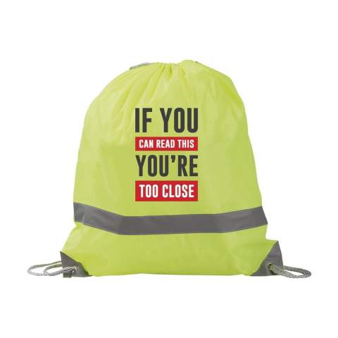 Water resistant 190T nylon backpack with drawstrings. Includes reflective strip. Capacity approx. 8 litres.