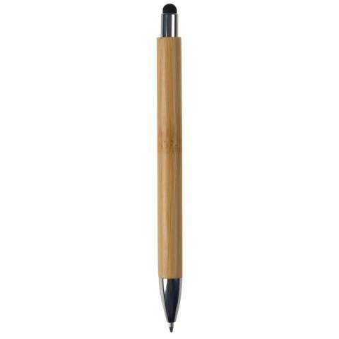 Stylo à bille en bambou avec poussoir et pointe métallisés. Le clip est en métal. Le stylet contient un stylet de couleur à utiliser pour un écran tactile. Avec recharge Jumbo en plastique bleu écriture.