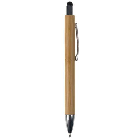 Stylo à bille en bambou avec poussoir et pointe métallisés. Le clip est en métal. Le stylet contient un stylet de couleur à utiliser pour un écran tactile. Avec recharge Jumbo en plastique bleu écriture.