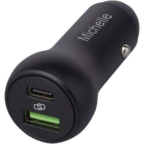 Car charger made of aluminium with USB-C and USB-A output, both supporting quick charge. The output of USB-C is up to 55W, and for USB-A it's up to 22W. Compatible with most mobile phones. If you're tired of the traditional 5V/1A charging speed, this is a must-have gadget for your car! Delivered in a premium kraft paper box with a colourful sticker.
