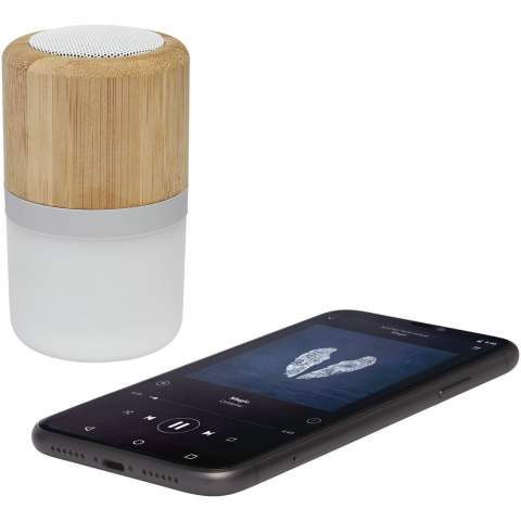 Bamboo Bluetooth® 350 mAh speaker with light is a small speaker offering great sound quality combined with a light that iluminates when music is played. Provides up to 2 hours of usage at maximum volume. Bluetooth® version 5.0 with a working range up to 10 meters. Comes with a recycled gift box and a Type C charging cable.