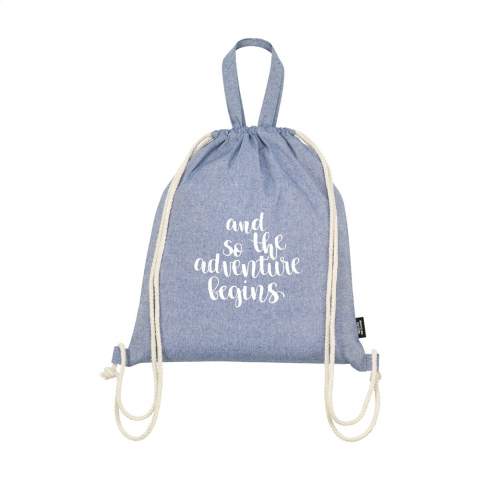 WoW! Backpack made from 52% recycled, blended cotton and 13% recycled polyester (180 g/m²). With drawstrings and handles. GRS-certified. Total recycled material: 65%. Capacity approx. 8 litres. If you choose this product, you choose sustainable cotton. This cotton is recycled. As a result, the colour may vary per product.