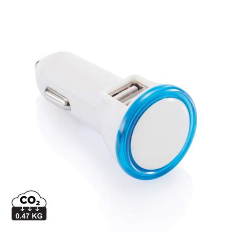 Auto USB oplader met dubbele USB poort en LED verlichting op de top. Output: 5V/2.1A<br /><br />Lightsource: LED<br />LightsourceQty: 1
