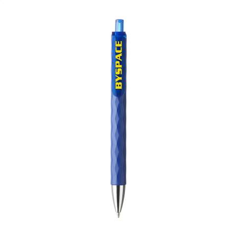 Stylo bleu avec clip transparent et bouton poussoir avec corps resistant et motif graphique en forme de diamant en 3D.