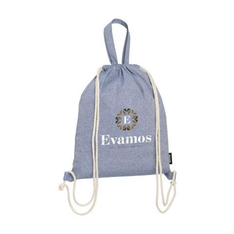 WoW! Backpack made from 52% recycled, blended cotton and 13% recycled polyester (180 g/m²). With drawstrings and handles. GRS-certified. Total recycled material: 65%. Capacity approx. 8 litres. If you choose this product, you choose sustainable cotton. This cotton is recycled. As a result, the colour may vary per product.