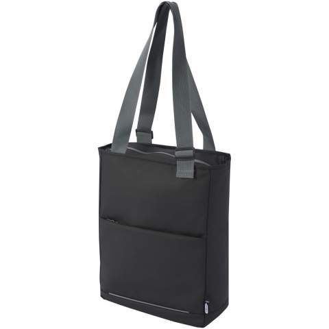 Water-resistant laptop tote bag made from GRS recycled materials, including the zips. It features a dedicated tablet sleeve, a 14” laptop compartment, multiple pockets for organisation, a front pocket with organisation panel, adjustable 35 cm long handles, and a luggage strap. The GRS recycled materials include the main fabric, lining, webbing, and zips. Capacity: 14 litres. PVC free.