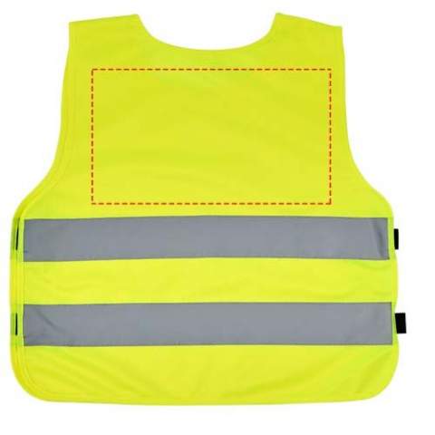 High visibility vest in XS size suitable for kids age 7-12 years with a height between 104-121 cm. Large decoration area on the front and on the back of the vest. On the shoulder and the bottom elastic bands there are hook & loop closures, that offers extra safety and makes the vest easy to put on. The elastic bands on the other side makes it stretchable allowing easy wearing on thick coats. The vest is tested and certified under regularions EN 1150:1999. It also adheres to the PPE guidelines on application of Regulation (EU) 2016/425 Personal Protective Equipment Category II.