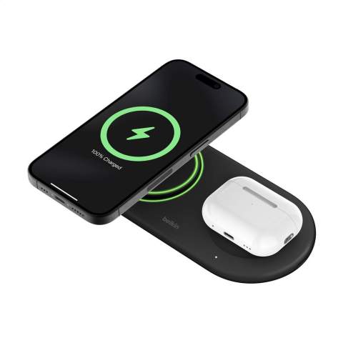 BoostCharge™ Pro 2in1 Qi2 15W magnetic charger from the Belkin brand. With a casing made from recycled plastic. This charging station delivers up to 15W for fast wireless charging of your iPhone, 15.5W for your AirPods and 5W via a USB-C port for charging an additional device. Place your iPhone on the charging station and benefit from proper alignment, optimised power consumption and longer battery life thanks to Qi2 technology. Universally compatible, this charging station supports fast wireless charging of Qi2-compatible devices with up to 15W of power, including iPhone and Android. Includes 30W power adapter, USB-C/USB-C cable and user manual. 100% plastic-free packaging. Each item is individually boxed.