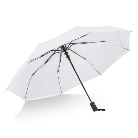 Faltbarer 21.5"-Regenschirm mit robustem Glasfasergestell und 190T Pongee-Bespannung. Windfest, mit automatischer Öffnung, manueller Schließung, Hülle, Kordel und komfortablem ABS-Griff.
